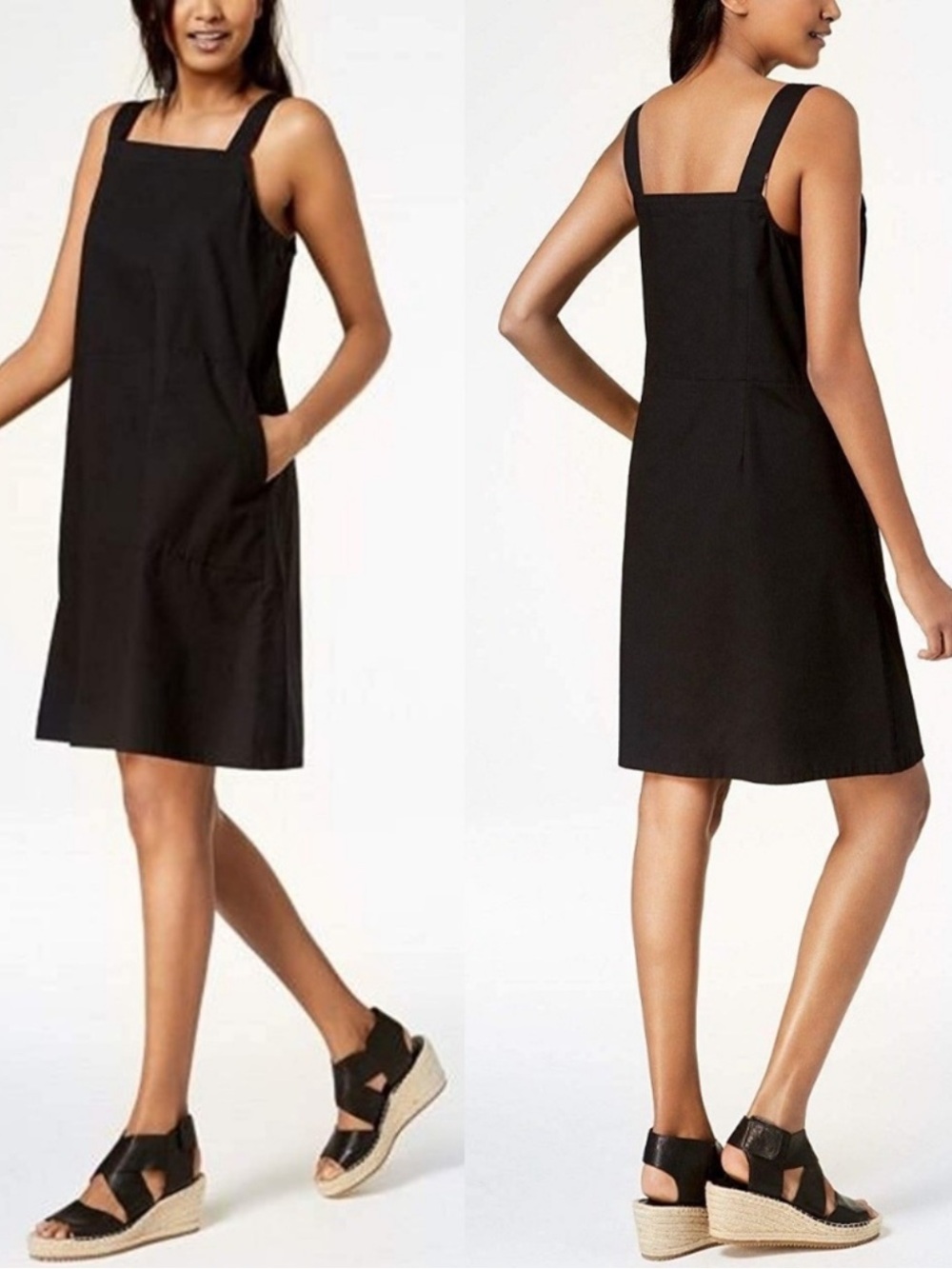 Eileen Fisher Tank K/L EUC Cotton Black Square Neck A Line Dress WITH POCKETS